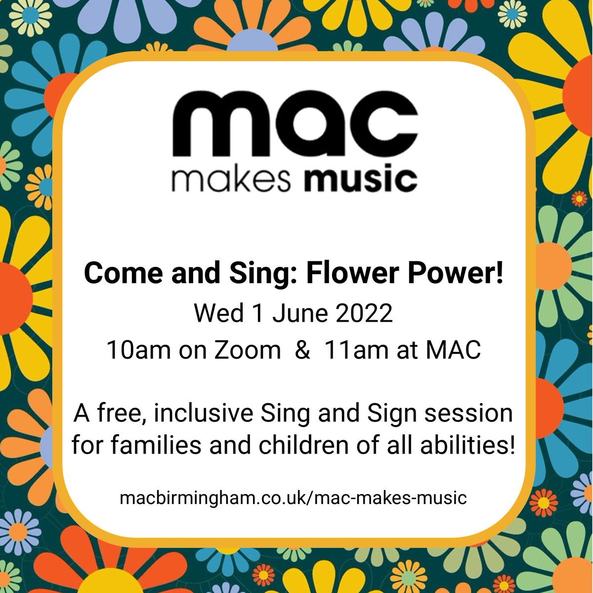 macmakesmusic's tweet photo. #Free #HalfTerm Activity
Come and Sing: Flower Power!
🌼🌸🌺🌞🌻
Wed 1 June, 10am (online), 11am (@mac_birmingham 
#Inclusive singing, signing and music-making for young people and their #families or carers. All abilities welcome! Book here https://t.co/7SKs3JLlGA https://t.co/Iufyj4Mbvd