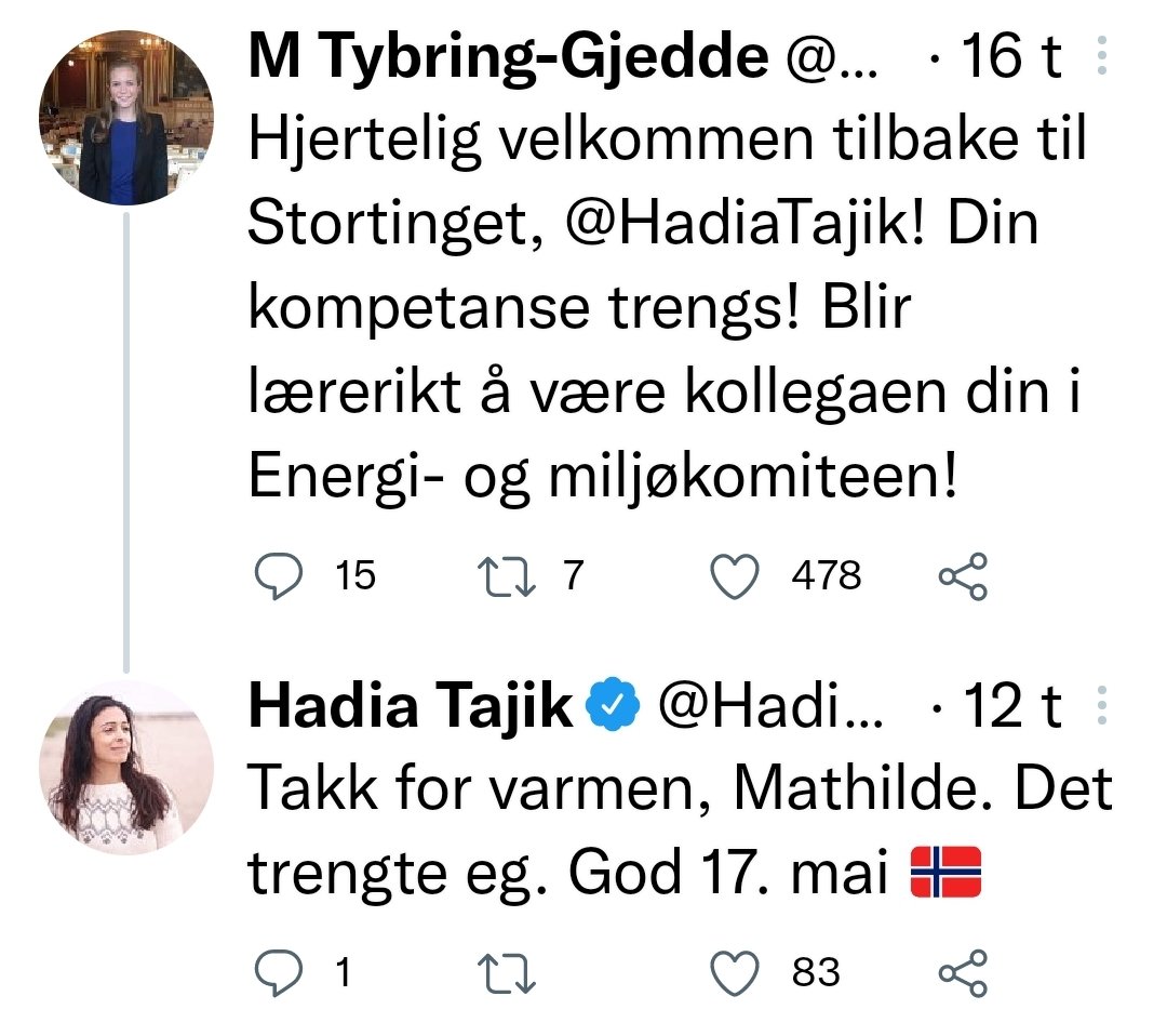 Norge 2022. Takk til begge for at dere er den dere er og for at personlig godt samarbeid preger Norges politiske hverdag! Vi vinner alle på det. <a href="/MathildeTG/">M Tybring-Gjedde</a> <a href="/HadiaTajik/">Hadia Tajik</a>