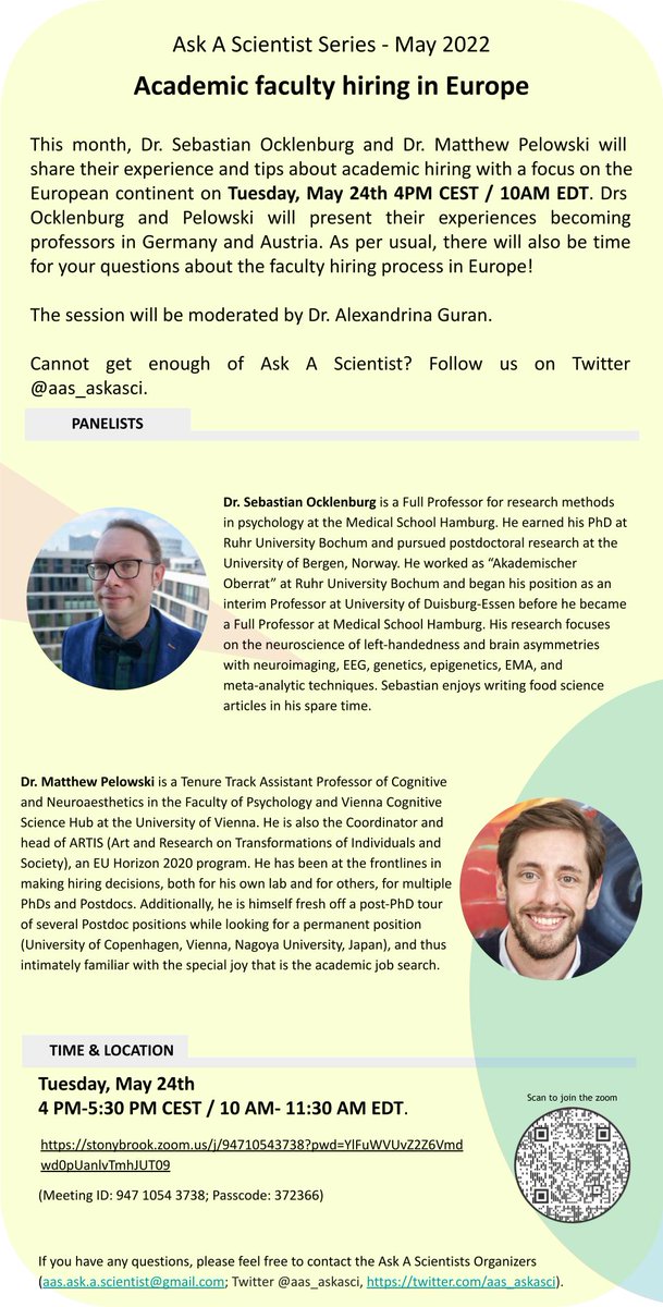 aas_askasci's tweet photo. In May, we are happy to host Dr. Matthew Pelowski and Dr. Sebastian @ocklenBLOG that will tell us all about how they got their tenure job in european Academia! 
Join us next week, May 24th at 4pm CET. 

Please help us reach a larger audience by retweeting :) https://t.co/bvDfSr5rYY