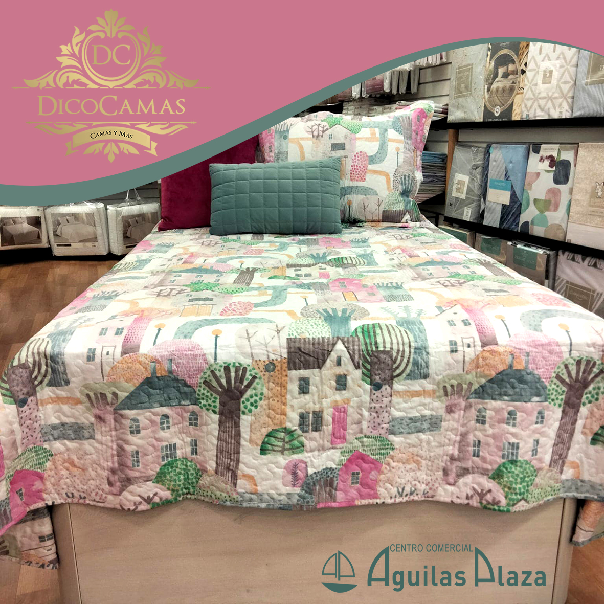 aguilasplaza's tweet photo. Ahora que hemos guardado edredones, mantas y nórdicos, es momento de vestir nuestras camas con originales y coloridas colchas. Como la Colcha Ciudad en tonos pastel para dar un toque de dulzura al dormitorio infantil. Encuéntrala en DiCocamas 
#aguilasplaza #dicocamas #colchas https://t.co/VgWtR3MWIU