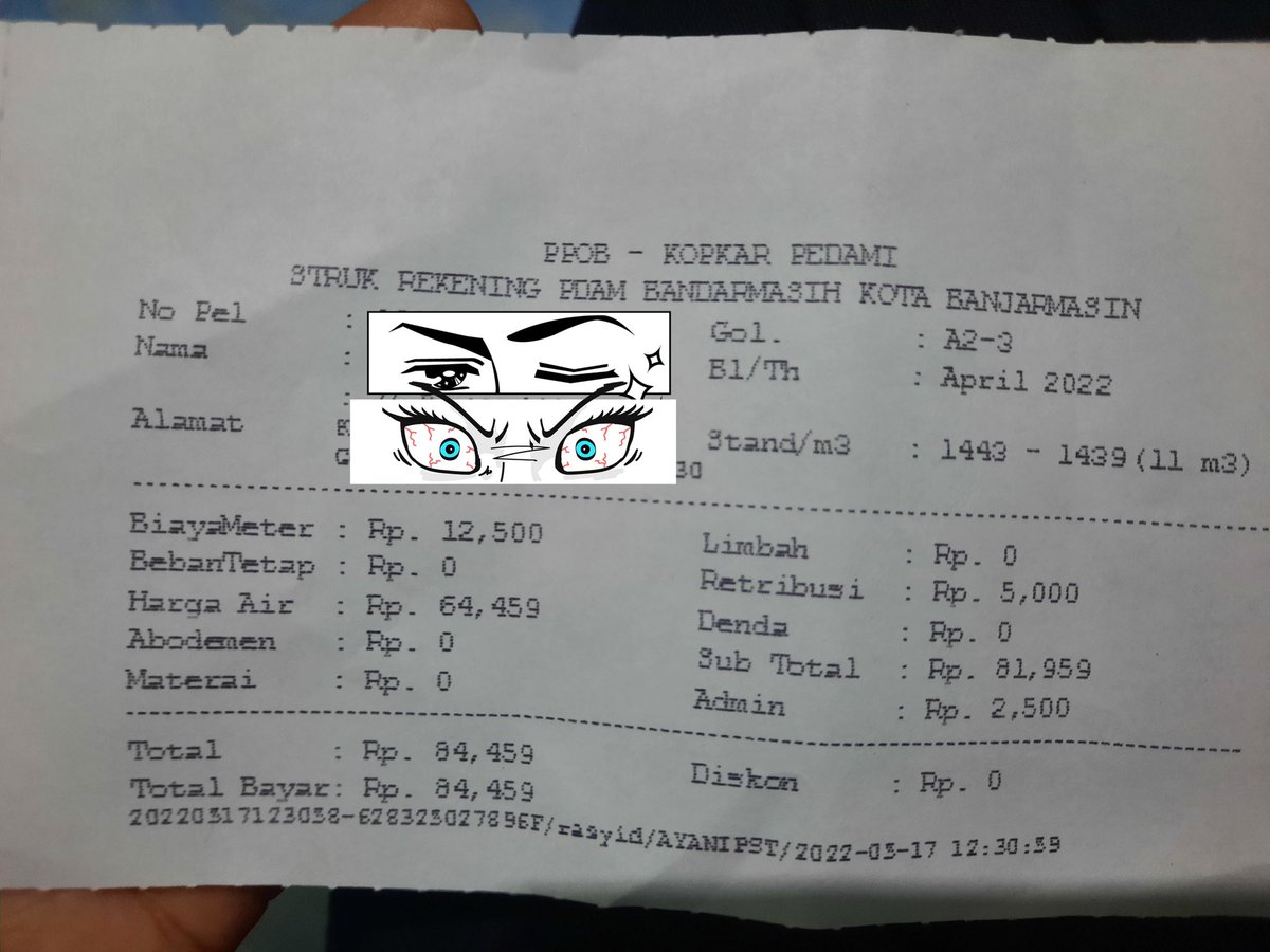 Tetsuyanda1's tweet photo. Dan, total tagihan pdam bulan April yang kami bayar hanya sebesar Rp.84.459 saja. 
Selisih Rp.264.800 🥲
Bisa beli kebutuhan pokok dengan uang segitu daripada bayar air saja.
Terima kasih. https://t.co/l8o65xLLQR