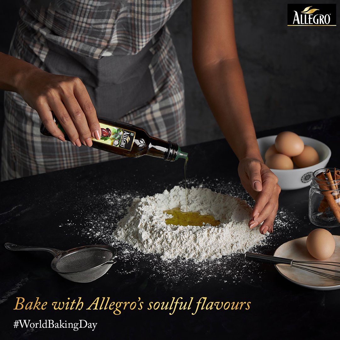 AllegroIndia's tweet photo. This #WorldBakingDay, let Allegro share the secret recipe for delicious baking:
A dash of joy
Sprinkles of shared giggles
Drizzle of Allegro
and a whole lot of love!
Dive into a cosy &amp; delicious meal with Allegro's authentic flavours!
.
.
 #ExtraVirginOliveOil #Bake #Baking https://t.co/9I3OFhIK3T