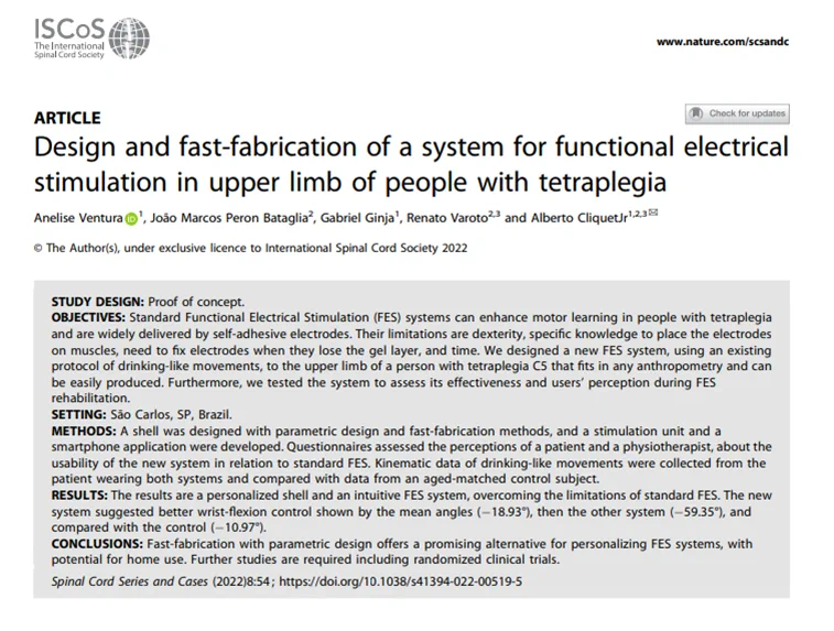 Design and fast fabrication of a system for functional electrical stimulation in upper limb of people with tetraplegia