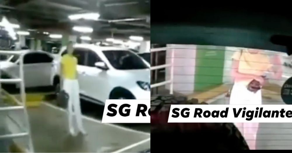 MothershipSG's tweet photo. Woman uses her body to reserve MBS car park lot to no avail as driver keeps reversing https://t.co/vInd4WznxP https://t.co/PEHnNNTn9Z
