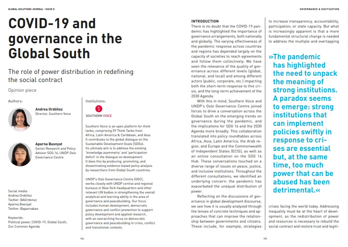 glob_solutions's tweet photo. What is the role of #power distribution in redefining the social contract? What is a strong #institution? Read the article “Covid-19 and #governance in the Global South” by @AOrdonez @SVoice2030 and @aparnabas @UNDPOGC in the new #GSJournal: https://t.co/NSd1uIypYS https://t.co/ELYj9JvX5v