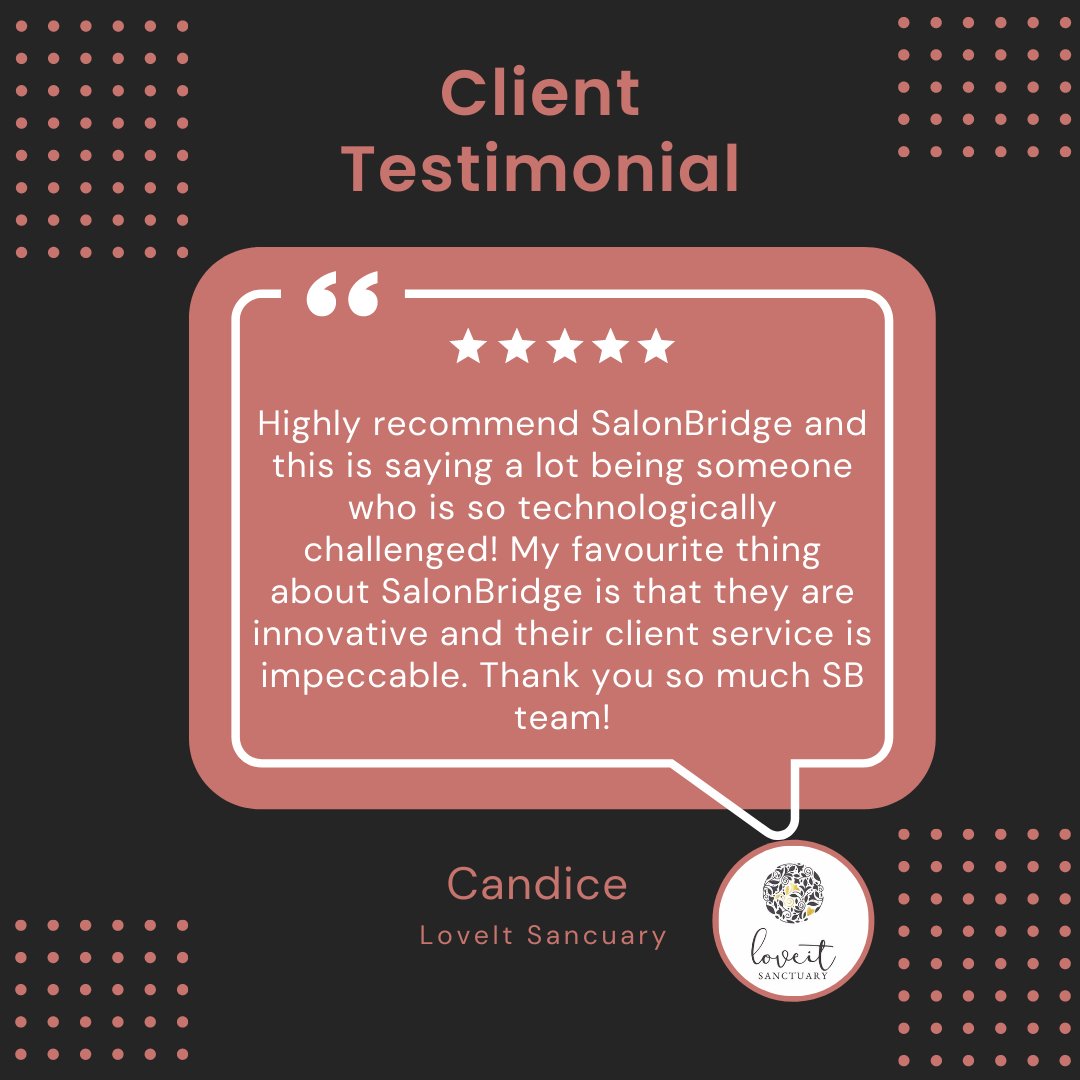 salon_bridge's tweet photo. SalonBridge focuses on making complex tasks user-friendly and easy to do. If things are intuitive, then we're going backwards in what we want to achieve. Candice from LoveIt Sanctuary is a rockstar who started using SalonBridge way back in 2017 ❤️

#testimonial #review https://t.co/qUDyVQYg7X