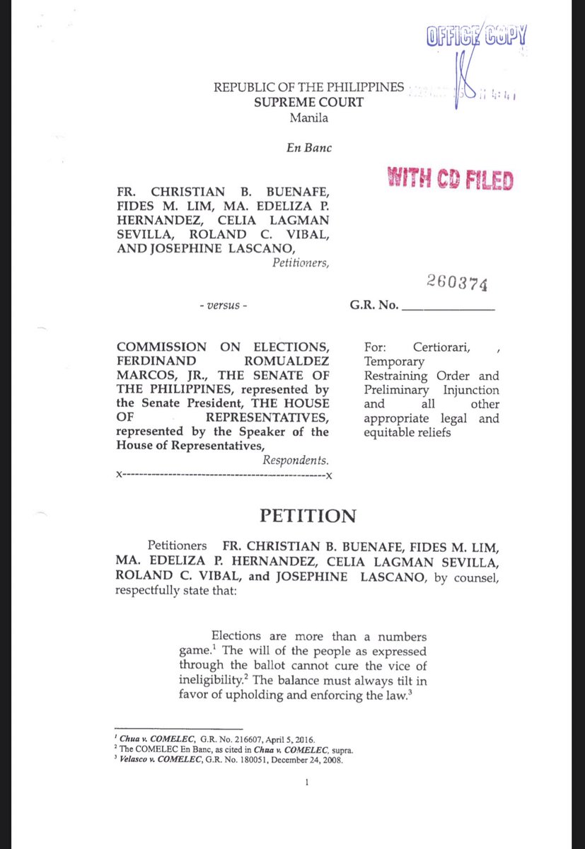 PahayagangKAPP's tweet photo. NEWS UPDATE: MARCOS' WIN NOT AN EXCUSE FROM 'INELIGIBILITY' - PETITIONERS

The Supreme Court receives case for COC cancellation of Bongbong Marcos filed by petitioners amid his presumptive win. They highlight, "elections are more than a numbers game." https://t.co/jhOfjeNY6w