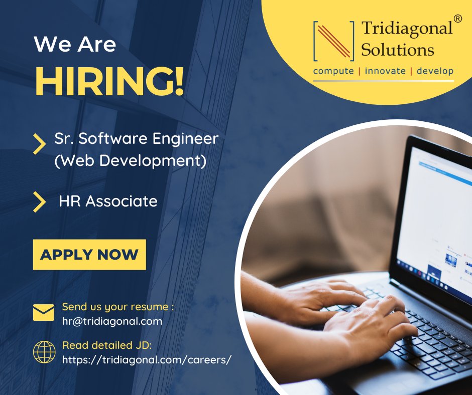 TridiagonalSoln's tweet photo. #JobOpenings
Tridiagonal Solutions is hiring for #SrSoftwareEngineer and  #HRAssociate positions at #Pune, India office. Interested candidates send your resumes to hr@tridiagonal.com 
𝐑𝐞𝐚𝐝 𝐭𝐡𝐞 𝐝𝐞𝐭𝐚𝐢𝐥𝐞𝐝 𝐣𝐨𝐛 𝐝𝐞𝐬𝐜𝐫𝐢𝐩𝐭𝐢𝐨𝐧: https://t.co/ym4z7M6yKa

#Hiring https://t.co/ISW0tE5BMv