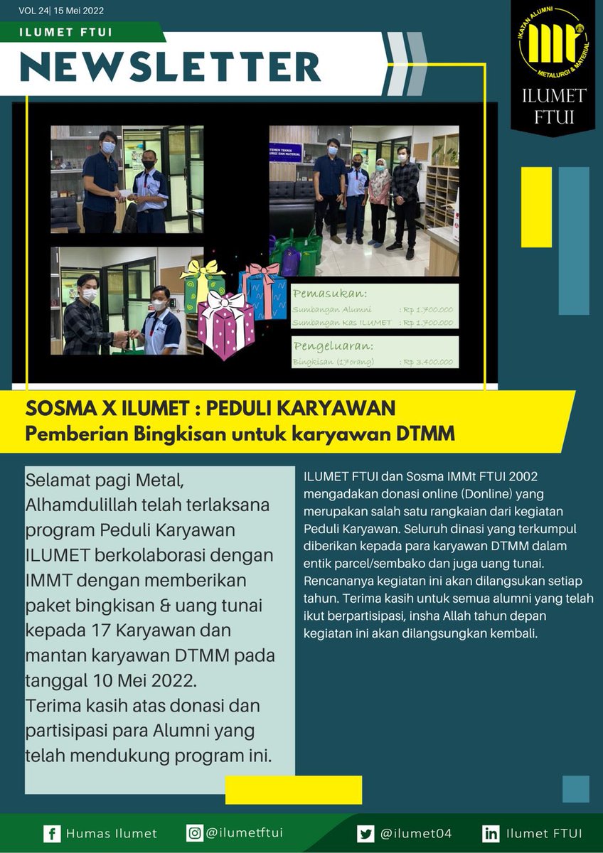ilumetftui's tweet photo. ILUMET FTUI NEWSLETTER VOL. 24

*SOSMA x ILUMET: PEDULI KARYAWAN Pemberian Bingkisan untuk Karyawan DTMM*

Baca info selengkapnya pada gambar 

ILUMET FTUI 2021-2024
#BERGERAKBERSINERGIBERMANFAAT 

#DTMMFTUI
#ILUMETFTUI https://t.co/jx4i7GQ53V