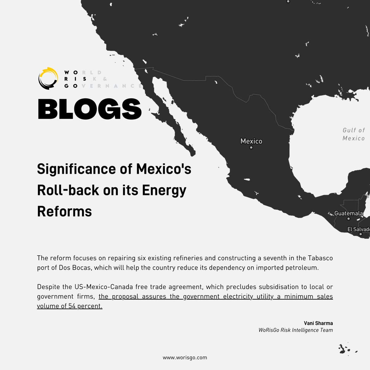 WoRisGo_global's tweet photo. Vani Sharma, from the WoRisGo Risk Intelligence Team, looks at the reversal of Mexico's energy reforms and its possible impact on the country's economy and energy needs.

To read her view on it, click this link: https://t.co/aXioeYGwSV https://t.co/PEdwZIrtht