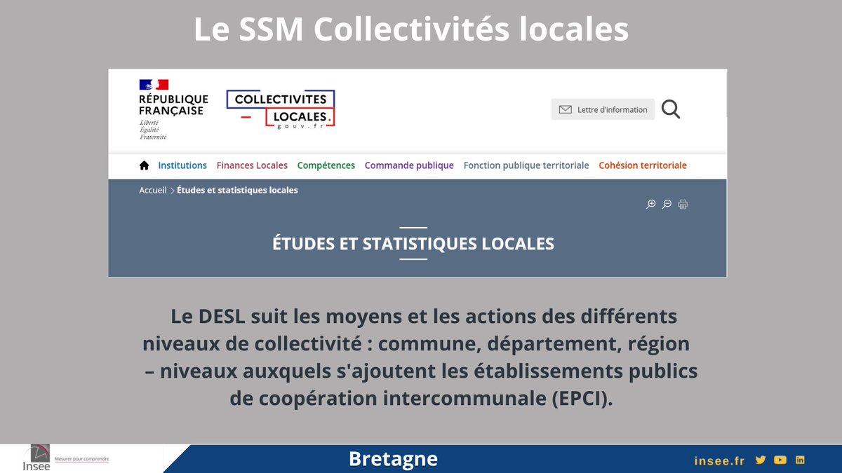InseeBretagne's tweet photo. Pour finir, sans être exhaustif, connaissez-vous le #DESL ? C’est le SSM des collectivités locales.  C’est le Département des études et des statistiques locales qui donne les #statistiques sur le nombre d’#élus ou les #finances des #collectivités locales👉 https://t.co/P1lDq9Ti8L https://t.co/X0mQv4UTOs