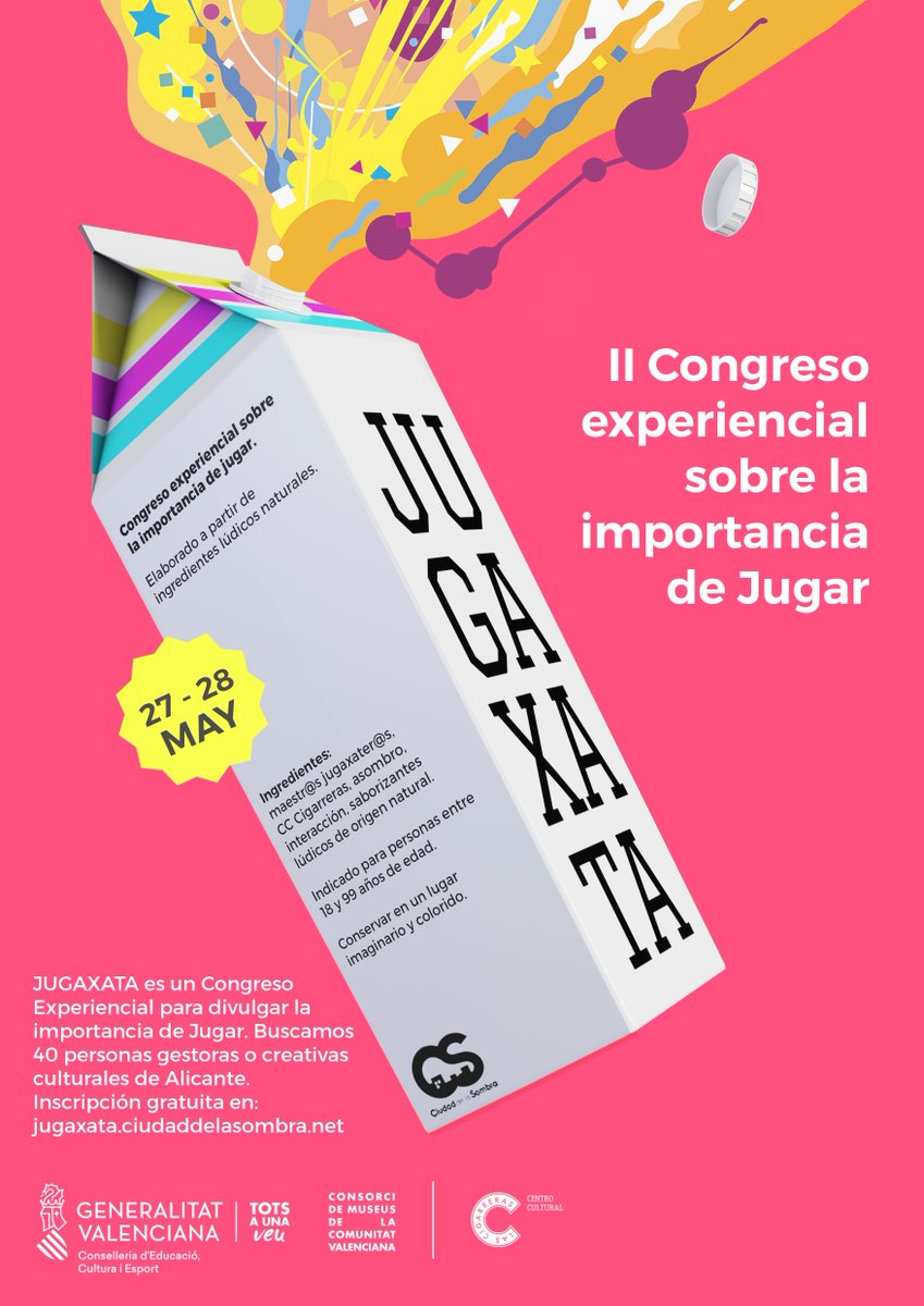 El 27 y 28 de mayo llega Jugaxata: II edición de este congreso experiencial para divulgar la importancia de Jugar

Gratuito. Inscripciones en: jugaxata.ciudaddelasombra.net

Produce: <a href="/ConsorcioMuseos/">Consorcio Museos CV</a>