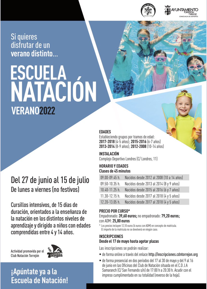 TorrejonDxte's tweet photo. 🚨Desde hoy ya puedes inscribirte para las Escuelas de Verano 2022! 
Lo puedes hacer online a través de https://t.co/H1kq2cGOCB o bien presencialmente en el club natación situado en la piscina de Olas de 17 a 20:30! 🥍🎾🏀⚽️🥎🏓🪀🪃 https://t.co/VP4zn9bOQN