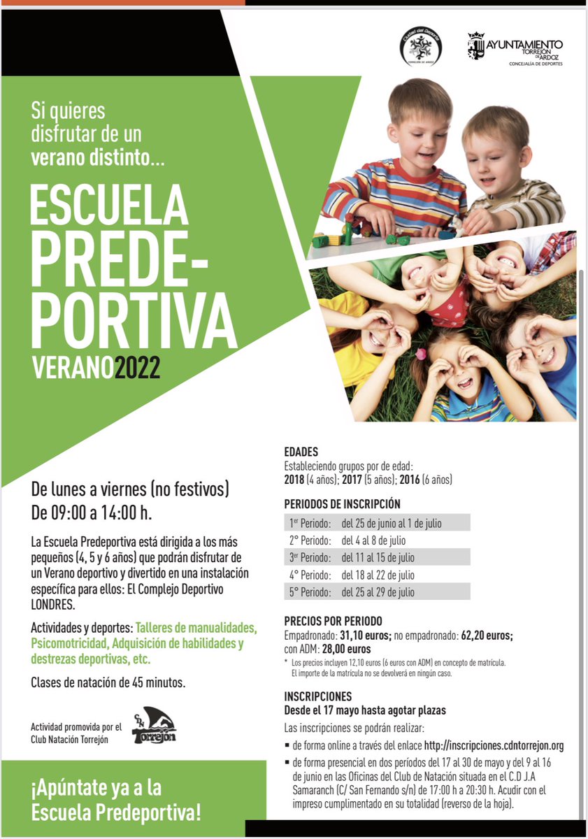 TorrejonDxte's tweet photo. 🚨Desde hoy ya puedes inscribirte para las Escuelas de Verano 2022! 
Lo puedes hacer online a través de https://t.co/H1kq2cGOCB o bien presencialmente en el club natación situado en la piscina de Olas de 17 a 20:30! 🥍🎾🏀⚽️🥎🏓🪀🪃 https://t.co/VP4zn9bOQN