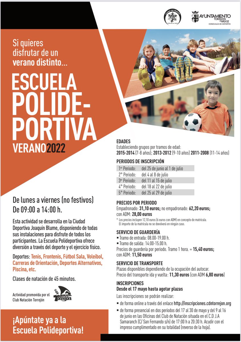 TorrejonDxte's tweet photo. 🚨Desde hoy ya puedes inscribirte para las Escuelas de Verano 2022! 
Lo puedes hacer online a través de https://t.co/H1kq2cGOCB o bien presencialmente en el club natación situado en la piscina de Olas de 17 a 20:30! 🥍🎾🏀⚽️🥎🏓🪀🪃 https://t.co/VP4zn9bOQN