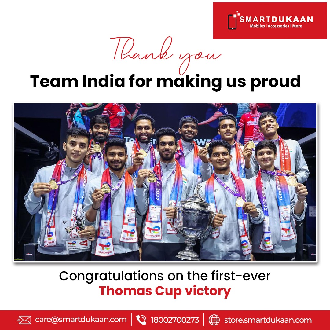 SmartDukaan's tweet photo. Congratulations to #TeamIndia for winning the prestigious Thomas Cup.

#SmartDukaan #SmartNation #ThomasCup #TUC2022 #ThomasCup2022 #Badminton https://t.co/japJsIqTJj