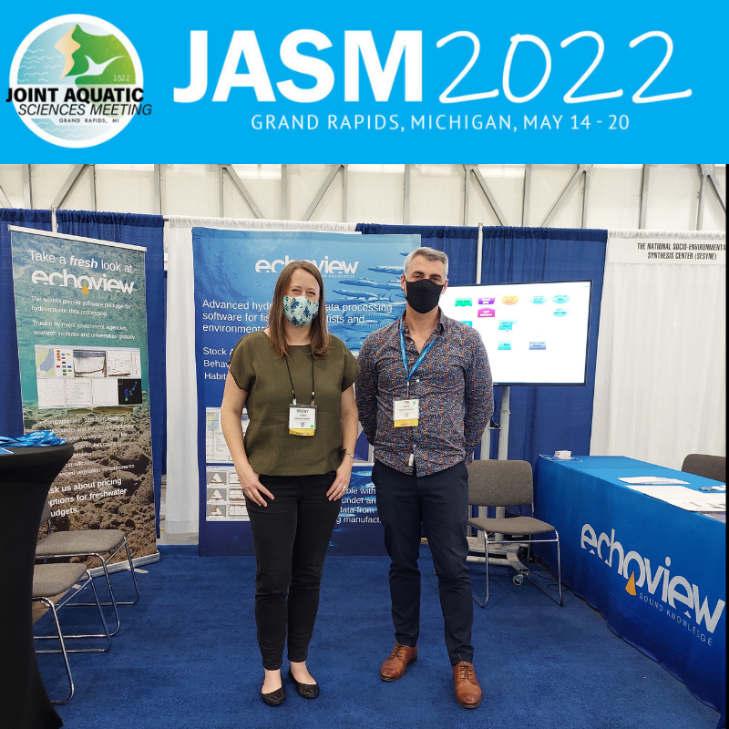 Echoview's tweet photo. We're all set up at the Joint Aquatic Sciences Meeting (JASM) in Grand Rapids, Michigan for the week 👌 

Briony and Tim at Booth 511, are happy to answer any questions you may have on your hydroacoustic data processing needs👋

https://t.co/R0yUNxAiQ6

#JASM22 #echoview https://t.co/dZNwCcXSdv