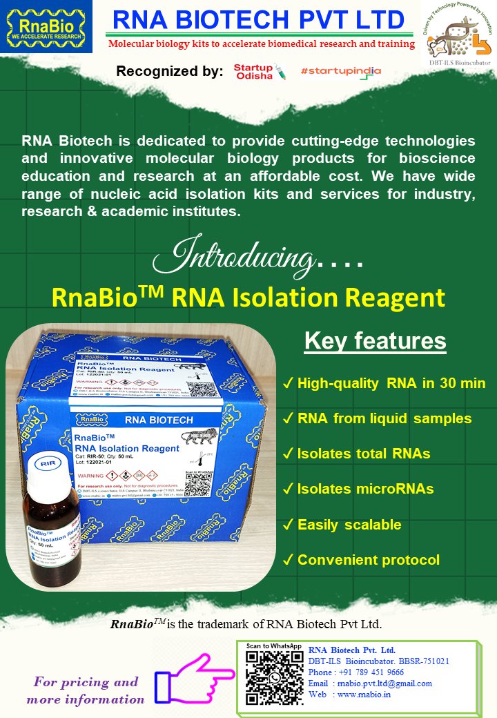 RNAbiotech's tweet photo. The RNA Isolation Reagent is a quick, economical, and ready-to-use reagent for the isolation of total RNA using the classical acid guanidinium thiocyanate-phenol-chloroform (AGPC) method of RNA extraction.
#molecularbiology #research #RNAIsolation #RNABiotech #RnaBio #biotech https://t.co/GBZBVq0KOp