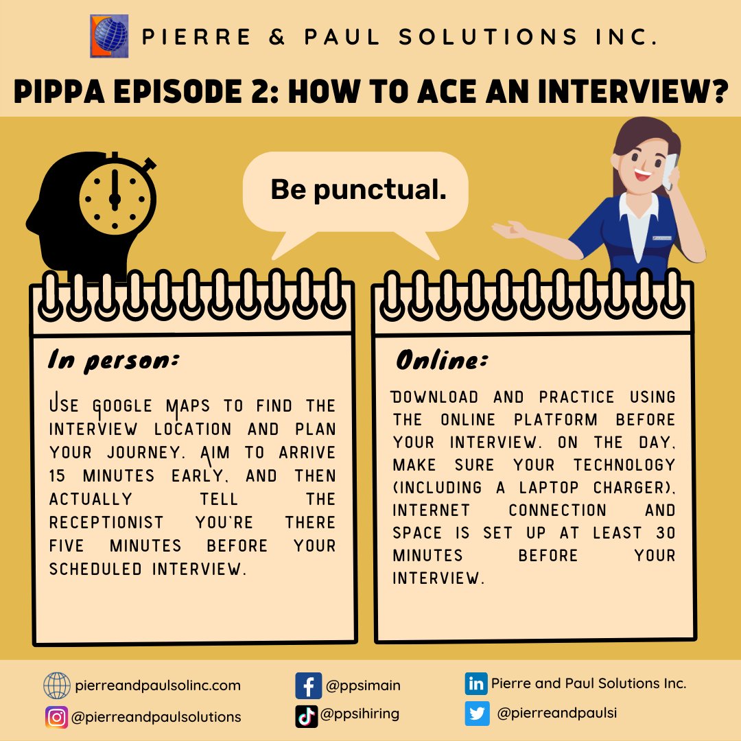 pierreandpaulsi's tweet photo. PIPPA EPISODES 2: HOW TO ACE AN INTERVIEW?
𝓟𝓾𝓷𝓬𝓽𝓾𝓪𝓵𝓲𝓽𝔂 𝓲𝓼 𝓪 𝓿𝓲𝓻𝓽𝓾𝓮.
Timing is everything in an interview, and it’s even more important when you’re meeting someone online or in person.
#PPSIHiringNow
#BEPUNCTUAL
#HowToAceAnInterview? https://t.co/pYiiHcQfaP