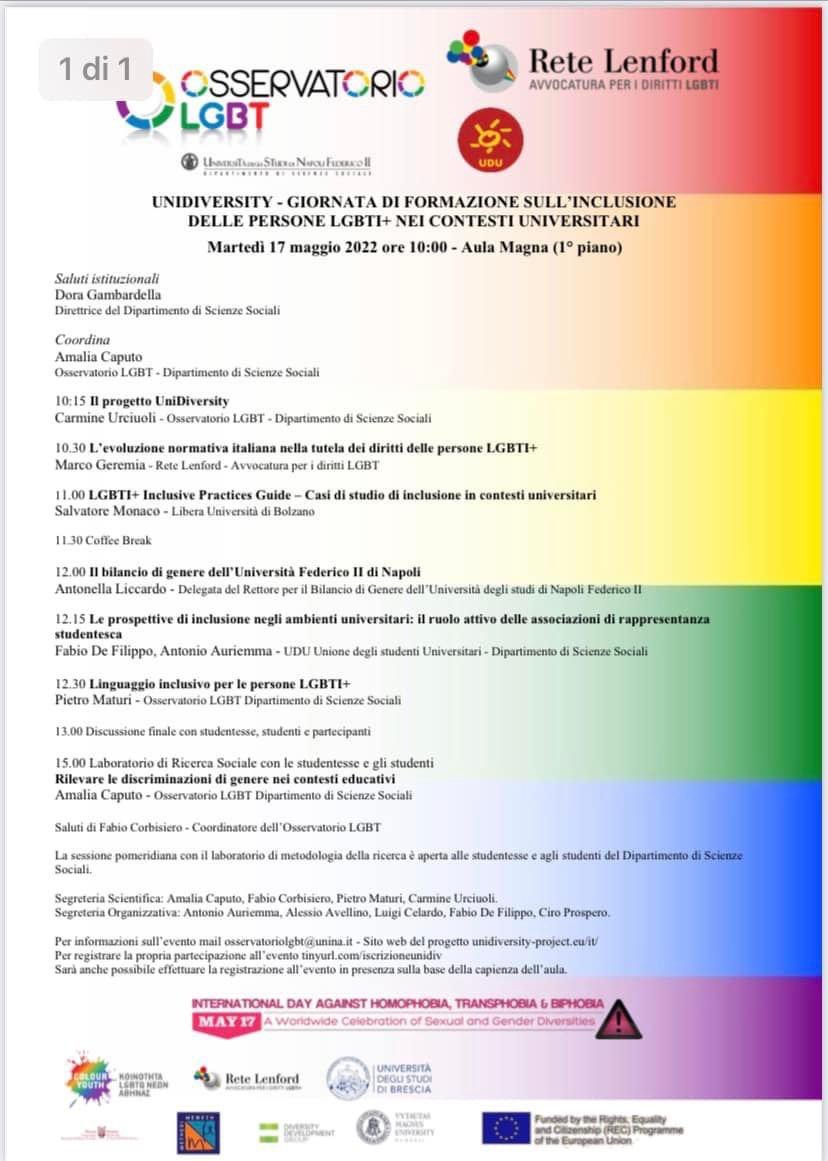 s_monaco's tweet photo. In occasione dell’International Day Against Homophobia, Transphobia and Biphobia, sarò tra i relatori della  giornata formativa dedicata al rapporto tra comunità LGBT e Università, presso il Dipartimento di Scienze Sociali dell'Università di Napoli Federico II #IDAHOBIT2022. https://t.co/GpyiqpzqyN