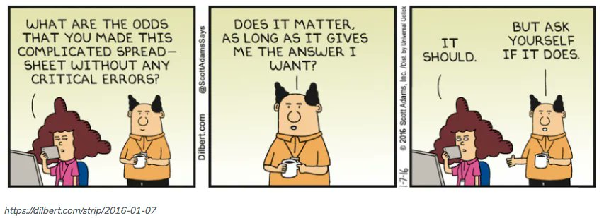 stephenhuppert's tweet photo. What are the odds that you made this complicated spreadsheet without any critical errors? https://t.co/rO8KFQY7TR #Dilbert #Spreadsheets #SpreadsheetError https://t.co/OvkpNBYfaO