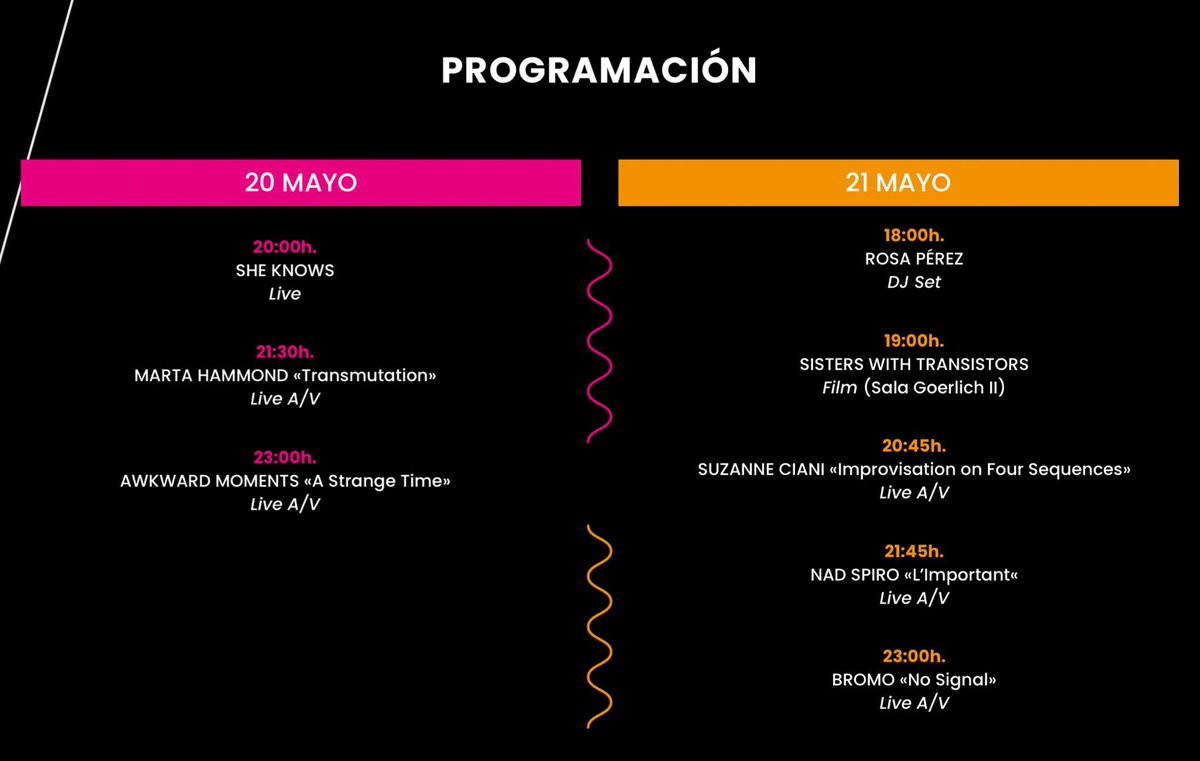 Sonorasmusic's tweet photo. 💥 Así queda la programación de #SONORASIV
📍Nos vemos el 20 y 21 de mayo en @centredelcarme con @nadspiro, @awkmomentsssss, @sevwave, #Bromo, #MartaHammond y #RosaPérez
⏳ ¡Ya no queda nada! https://t.co/lW9bjGD9Ee