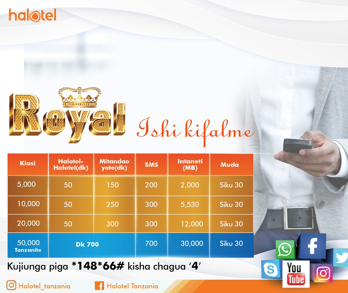 TzHalotel's tweet photo. @Haloteltz  Jipange mwezi mzima na kifurushi pendwa cha ROYAL. Jiunge sasa kwa kupiga *148*66# kisha chagua '4'(Royal) #Halotel https://t.co/x3KyNfKsyr