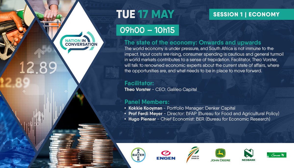 NationConverse's tweet photo. Follow #NationinConversation live at 09:00 when we delve deeper into the state of the world economy. The discussion is led by @sakegesprek and will be live streamed on Facebook, YouTube & NiCโs website. #Nampo2022 @Bayer4Crops @engenpetroleum @GrainSA @JohnDeere @Nedbank @SENWES https://t.co/FFHlyS8b9a