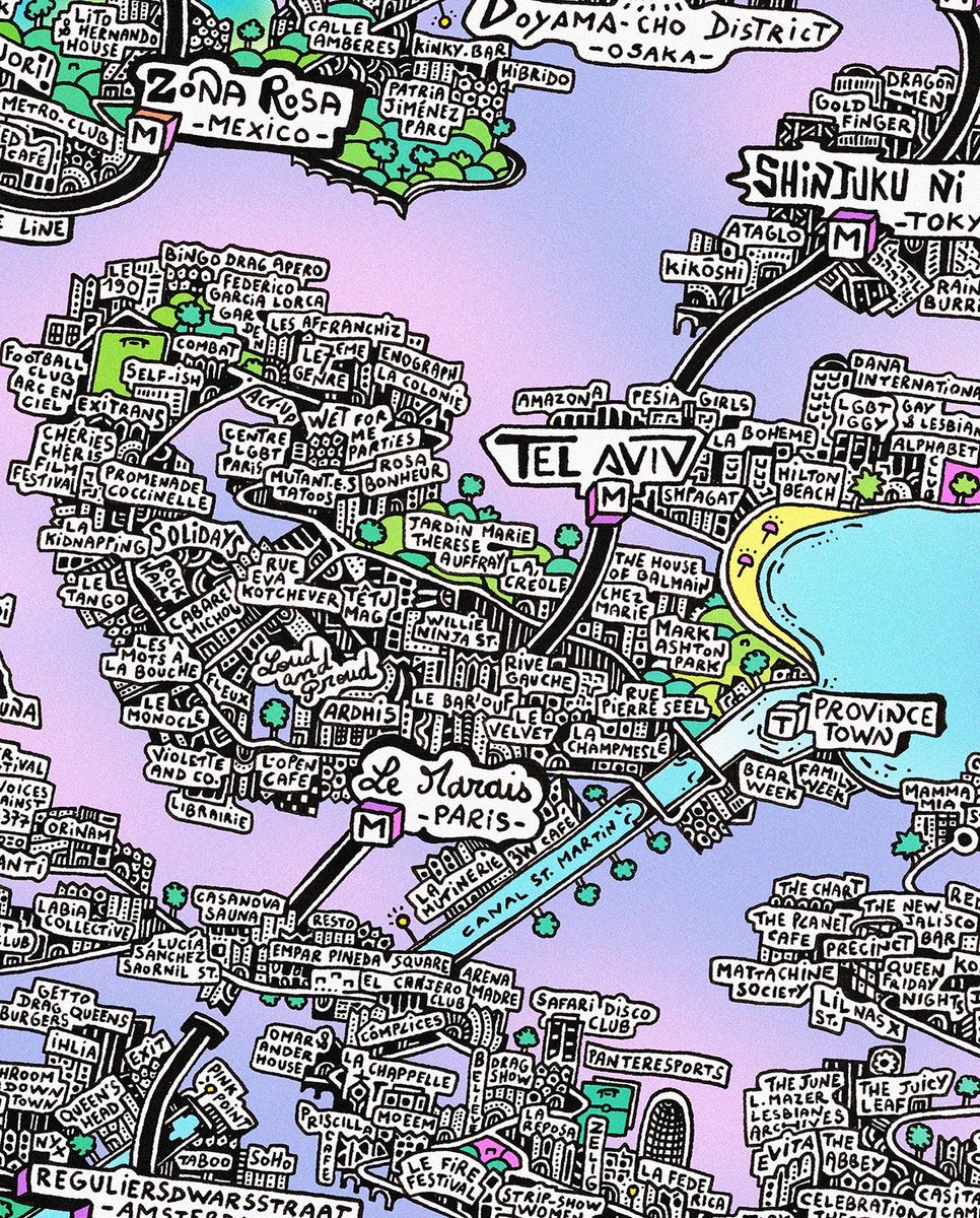 J’ai dessiné une ville utopique qui rassemble tous les quartiers emblématiques LGBTQI+ du monde entier. Laissez-moi vous présenter QUEER-CITY ⬇️