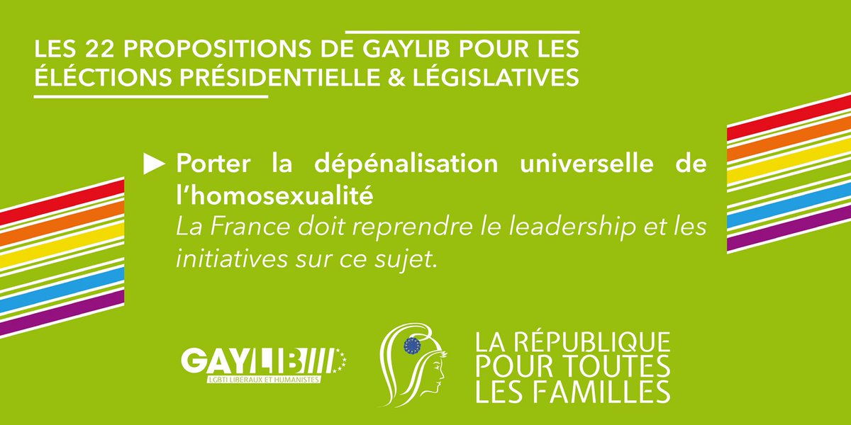 GayLib's tweet photo. A l’occasion du #17mai Journée internationale de lutte contre l’homophobie et la transphobie #IDAHOT #GayLib repartage une de ses 22 propositions:
👉🏻 Porter la dépénalisation universelle de l’homosexualité
#IDAHOT2022
🏳️🌈🏳️⚧️🇫🇷 https://t.co/etTW3294AX
