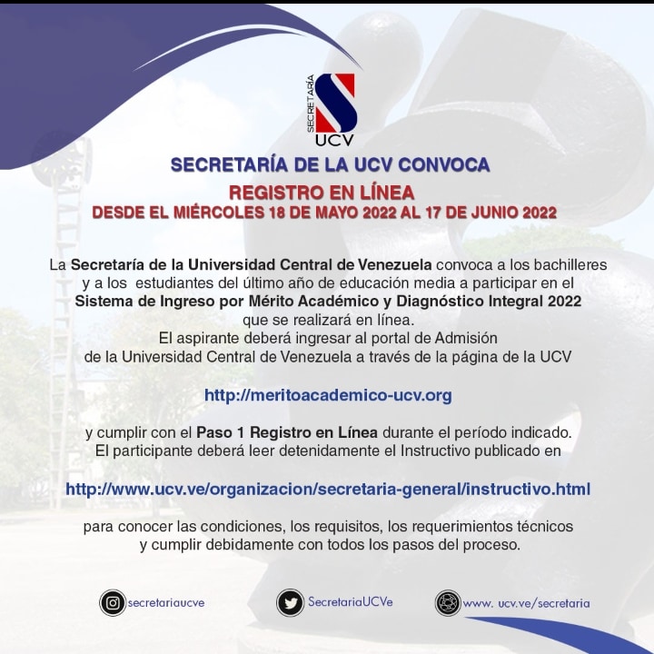 SecretariaUCVe's tweet photo. 📢La Secretaría de la UCV convoca al Sistema de Mérito Académico y Diagnóstico Integral 2022.
🗓️El Registro en línea será a partir del miércoles 18 de mayo hasta el 17 de Junio 2022
💻El aspirante deberá ingresar al portal de Admisión de la UCV
https://t.co/jB79RvMpPy https://t.co/0nrX7joPfJ