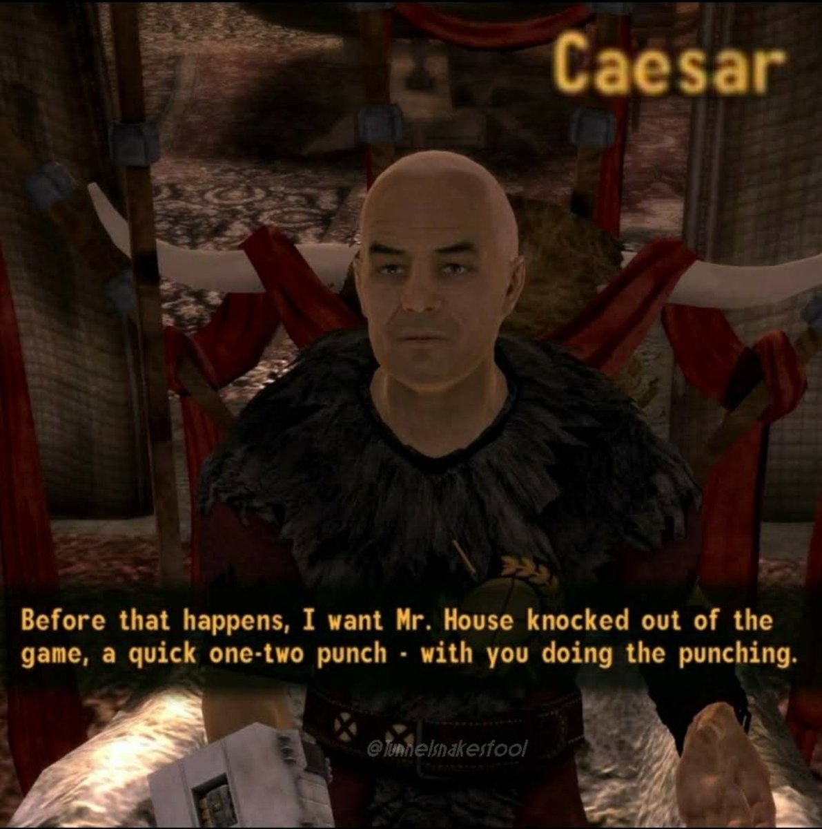 Tunnelsnakefool's tweet photo. #falloutquote of the day... Why do I always have to do all the work? #newvegas #falloutnewvegas #fnv #fonv #gamedev https://t.co/gdajbdVYGw