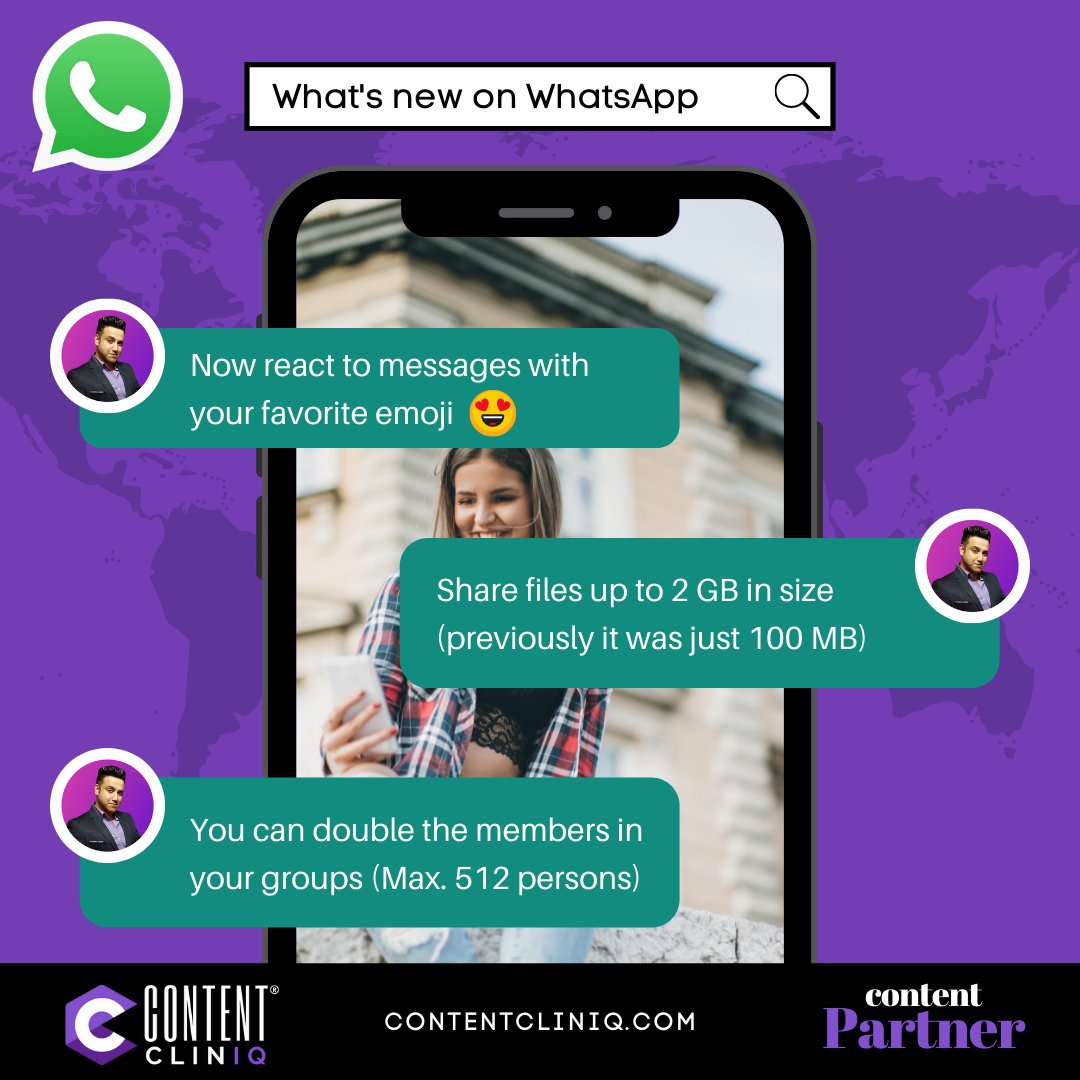 RichardCanday's tweet photo. WhatsApp recently released the biggest upgrade in years with bigger group chats, sending larger files and using emojis to respond to messages. Check your phone for these new features!

Note: Update your app if you don't see the new features.

#WhatsApp #marketing https://t.co/tsgHgsYI2L
