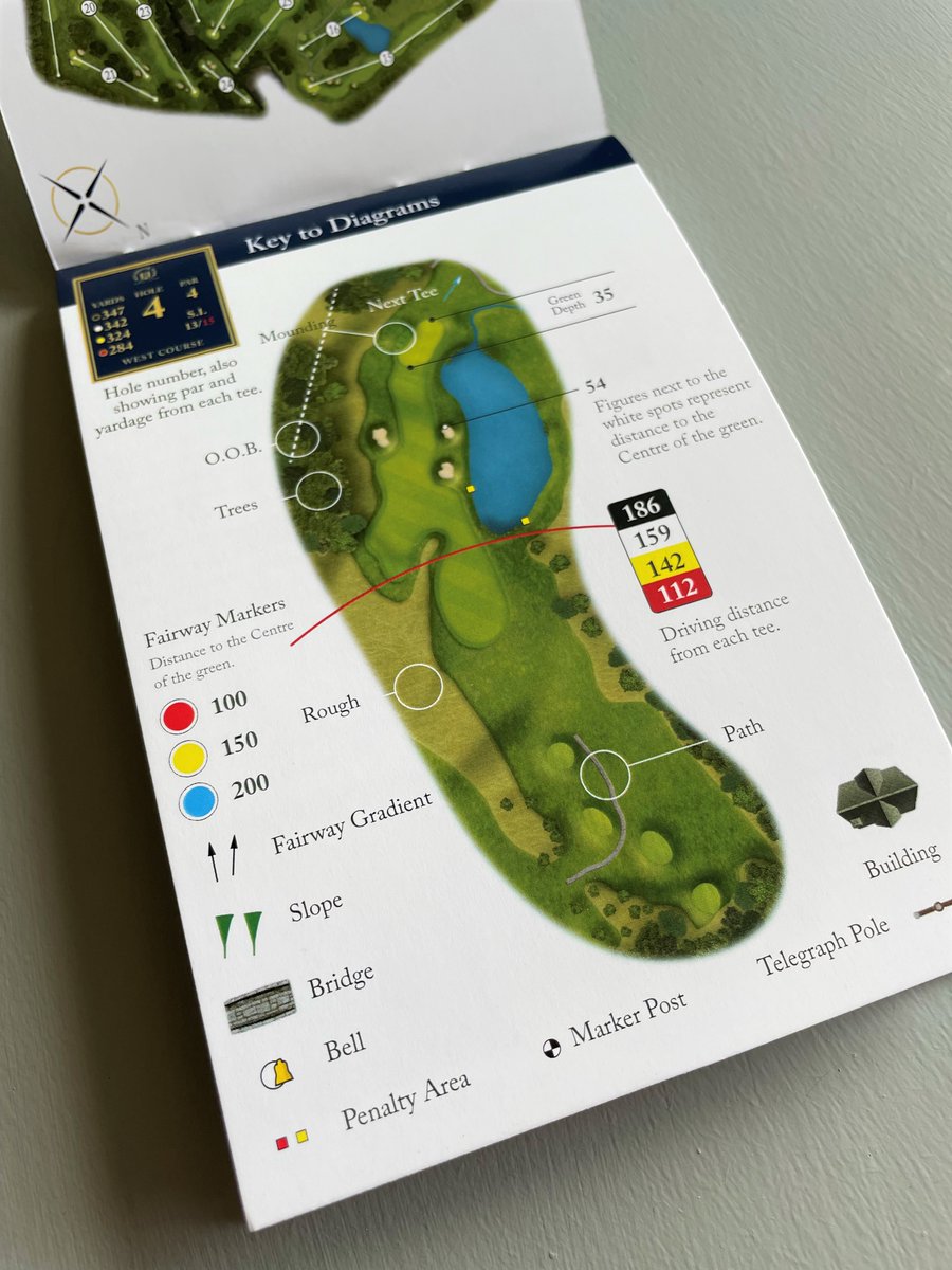 MBgolfmark's tweet photo. Delighted with this new A6 #CourseGuide for @golfatweybrook created totally from scratch.
The Hole Maps with in-built GPS Points are created from satellite imagery & stylised by our illustrator, replicating the holes perfectly including the fescue feature of this lovely course. https://t.co/skOATykHCG