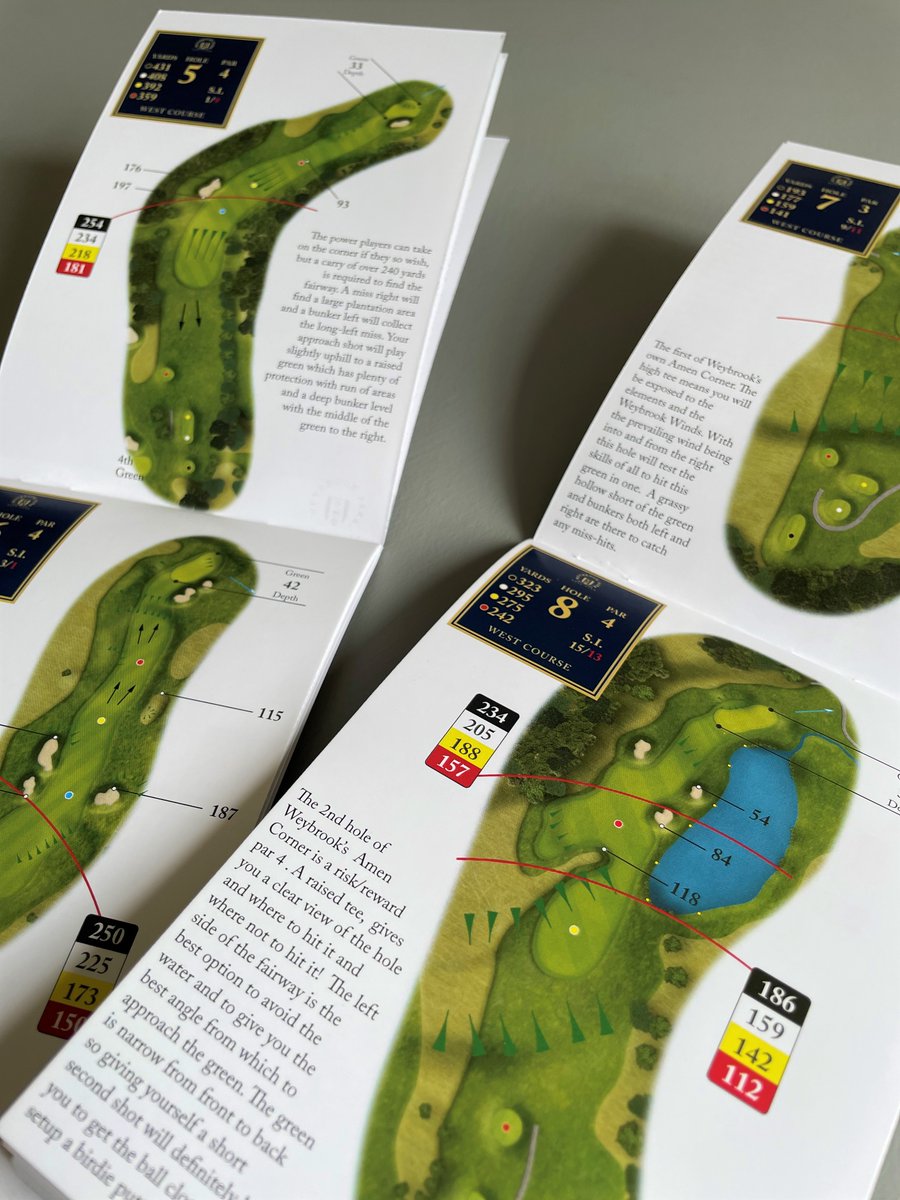 MBgolfmark's tweet photo. Delighted with this new A6 #CourseGuide for @golfatweybrook created totally from scratch.
The Hole Maps with in-built GPS Points are created from satellite imagery & stylised by our illustrator, replicating the holes perfectly including the fescue feature of this lovely course. https://t.co/skOATykHCG