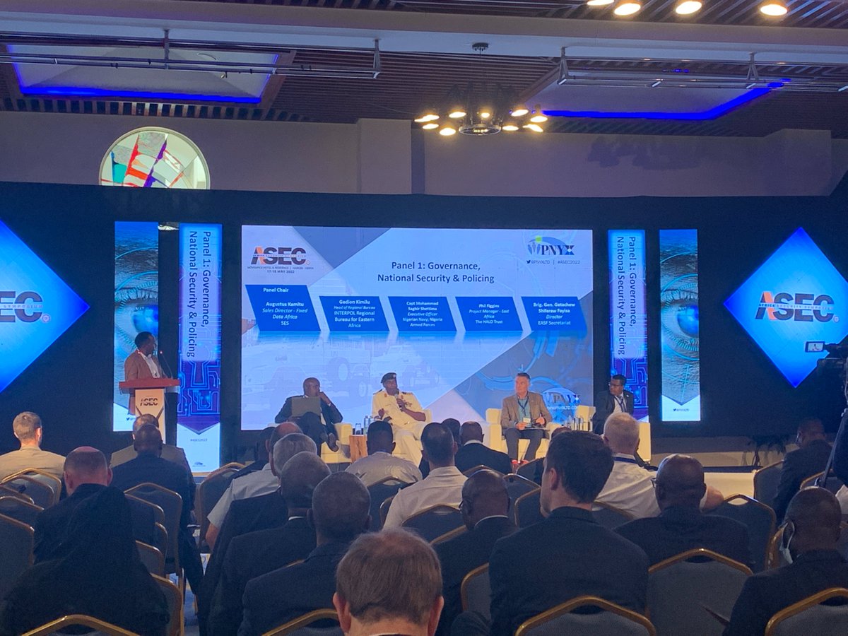 Opening P1 on Governance, National Security &amp; Policing now live chaired by Augustus Kamitu <a href="/SES_Satellites/">SES</a>, Gedion Kimilu <a href="/INTERPOL/">Interpol</a>, Phil Figgins, <a href="/TheHALOTrust/">The HALO Trust</a>, Capt Mohammad Saghir Shettima <a href="/NigerianNavy/">Nigerian Navy</a> @DefenceInfoNG, Brig. Gen. Getachew Shiferaw Fayisa <a href="/EASF4Peace/">EASF</a> #ASEC2022