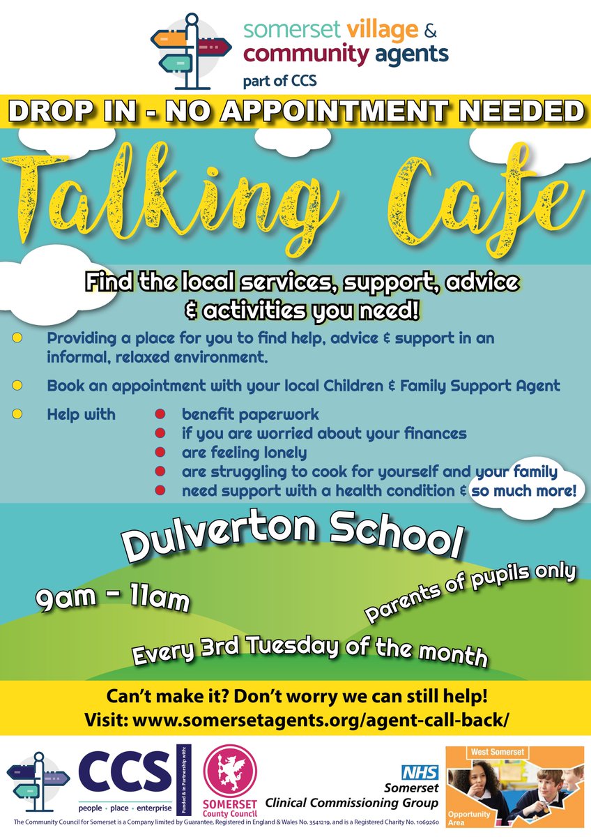 SomersetCarers's tweet photo. 📆 TUESDAY 17th MAY
We have 4️⃣ Talking Cafes taking place, why not pop in to meet your local Village Agent!
📌Burnham-on-Sea
⏰10am-12pm
📌Williton
⏰1pm-3pm
📌Dulverton School
⏰9am-11am
📌Ruishton
⏰2pm-4pm
#AdviceCafe #TalkingCafe #VillageAgent
https://t.co/pqhjqdb3vE https://t.co/USwqoNy8W5
