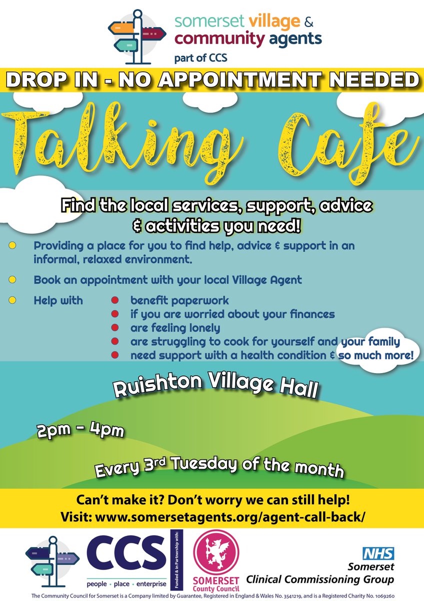 SomersetCarers's tweet photo. 📆 TUESDAY 17th MAY
We have 4️⃣ Talking Cafes taking place, why not pop in to meet your local Village Agent!
📌Burnham-on-Sea
⏰10am-12pm
📌Williton
⏰1pm-3pm
📌Dulverton School
⏰9am-11am
📌Ruishton
⏰2pm-4pm
#AdviceCafe #TalkingCafe #VillageAgent
https://t.co/pqhjqdb3vE https://t.co/USwqoNy8W5