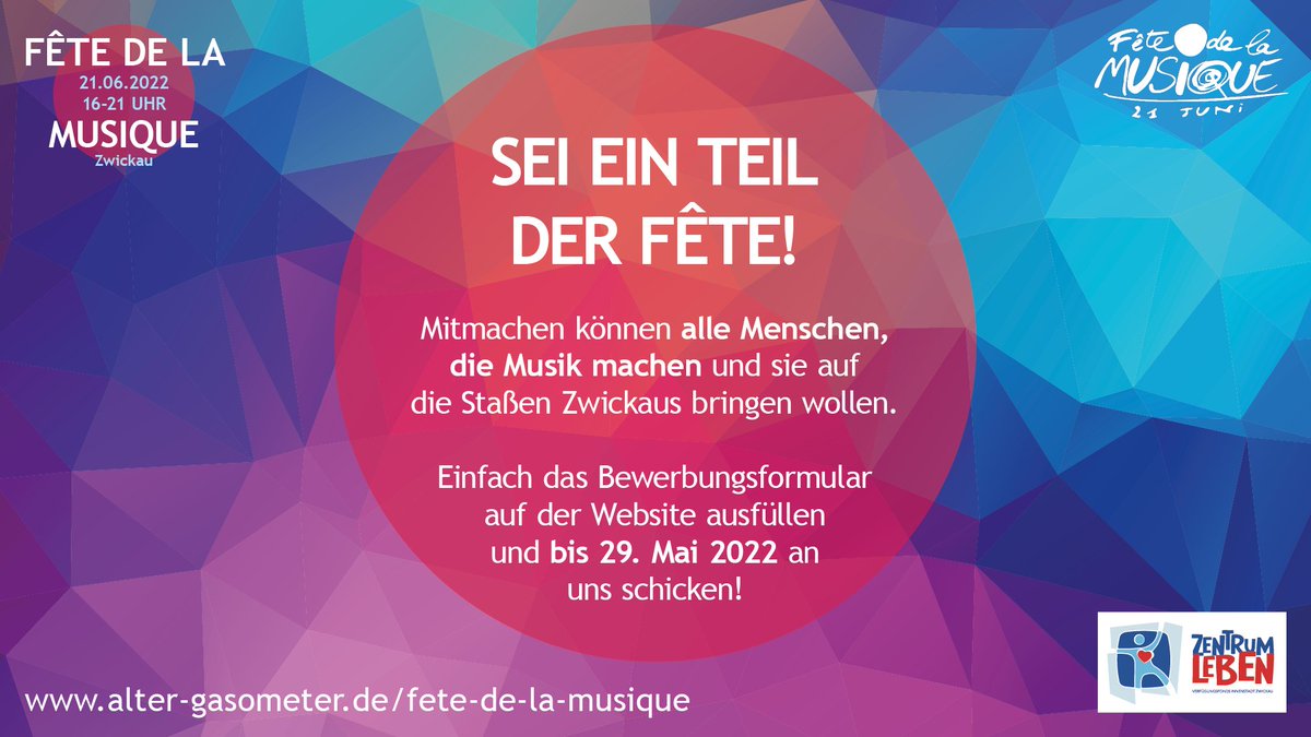 altergasometer's tweet photo. Wir haben die Anmeldefrist für Musiker*innen verlängert! Also schnell noch anmelden und dabei sein!

Infos &amp; Anmeldung: https://t.co/5EHXEmFvpY

gefördert von: ZENTRUM LEBEN

#fetedelamusiquezwickau #zwickau #fêtedelamusique #fêtedelamusiquezwickau #altergasometerzwickau https://t.co/BUlTiHl0gX