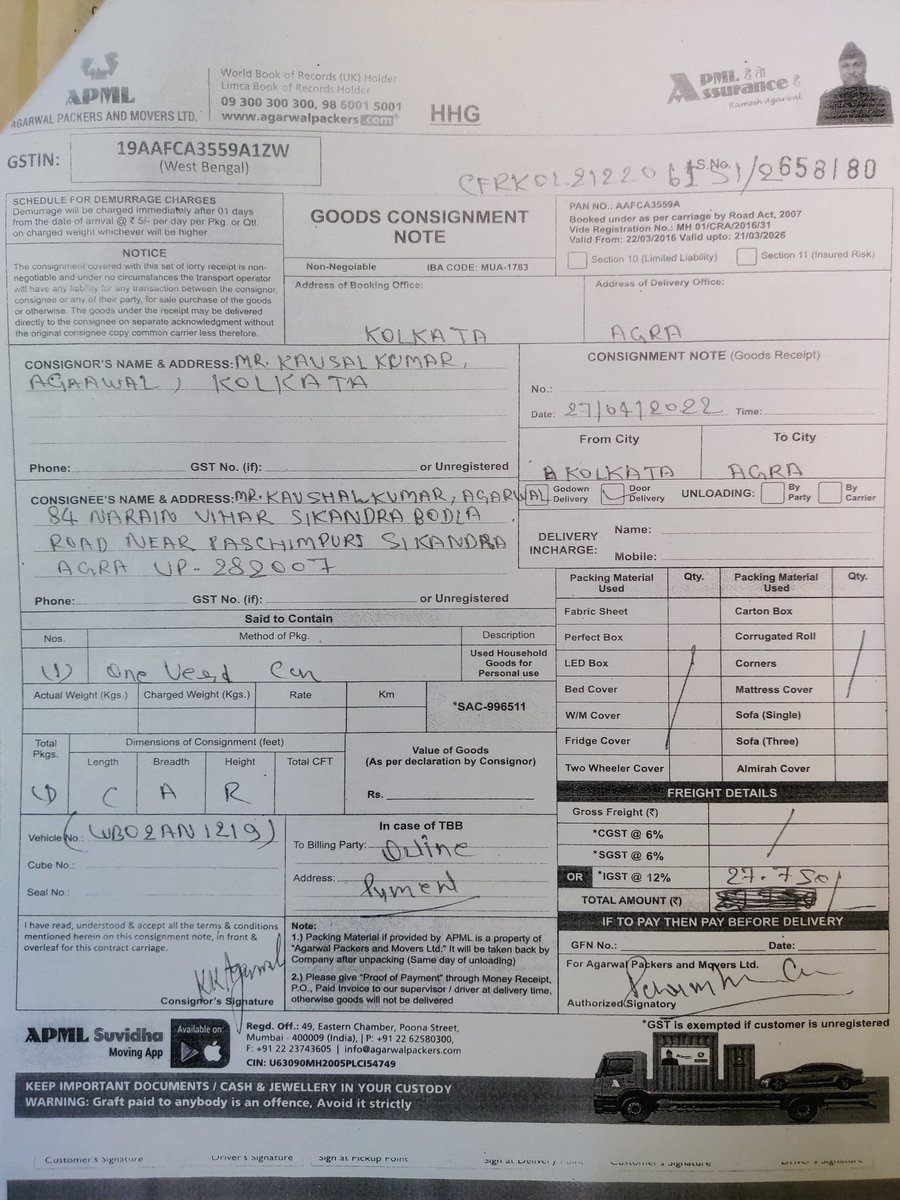 RWL_13's tweet photo. @RameshAgarwalJi @agarwalpacker - Disappointing Service, Kolkata to Agra consignment delivery delayed by 10 days + 1 packet missing as per the customer care team. Plz advise and resolve. https://t.co/ZrYPG4PbIp