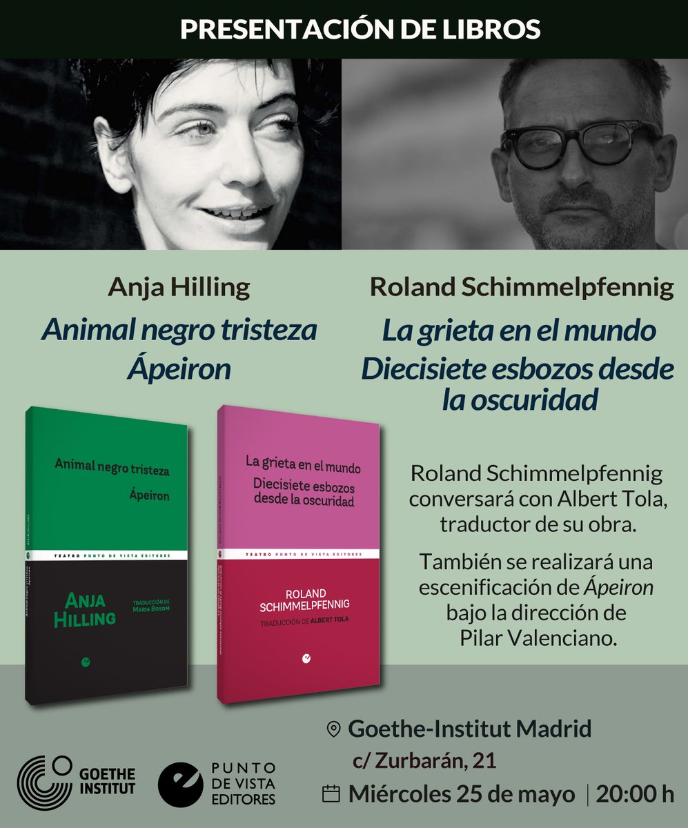 El próximo miércoles se presentan los libros de Anja Hilling y Roland Schimmelpfennig, dos de los dramaturgos alemanes más importantes de la actualidad. La cita es en el <a href="/GIMadrid/">Goethe-Institut MAD</a>. 

#PuntoDeVista #AnjaHilling #RolandSchimmelpfennig  #Novedades #autoresPDV #presentación