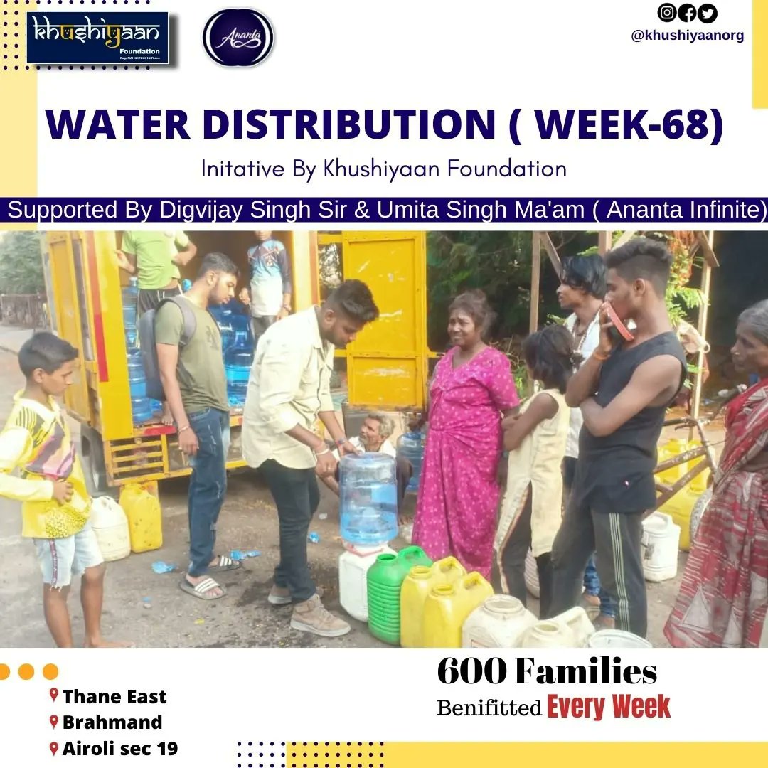 Khushiyaan_Org's tweet photo. Water Distribution- #week68 .
Location - Thane East, Brahmand, Airoli sector-19.
600 families at our Mumbai Rotighar slums is benefitted with clean drinking water weekly. https://t.co/DX5XbBlSAX