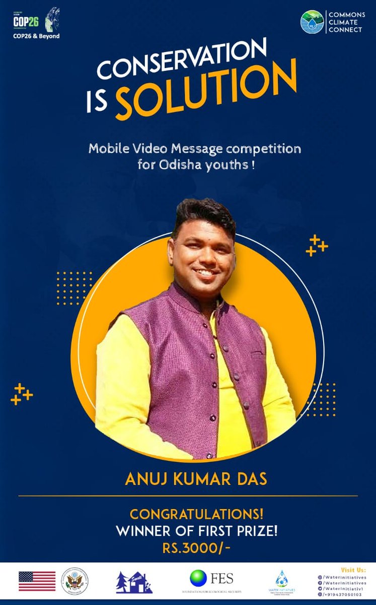 NISWASS1's tweet photo. Our Alumni and well known Journalist Anuj Kumar Das Stood First in Conservation is Solution:a mobile video message competition for Odisha Youths. It's under the Commons Climate Connect campaign &amp; this is Organized by Water Initiatives, SWATI, FES &amp; US Consulate General Hyderabad. https://t.co/bNFtOBe6BO