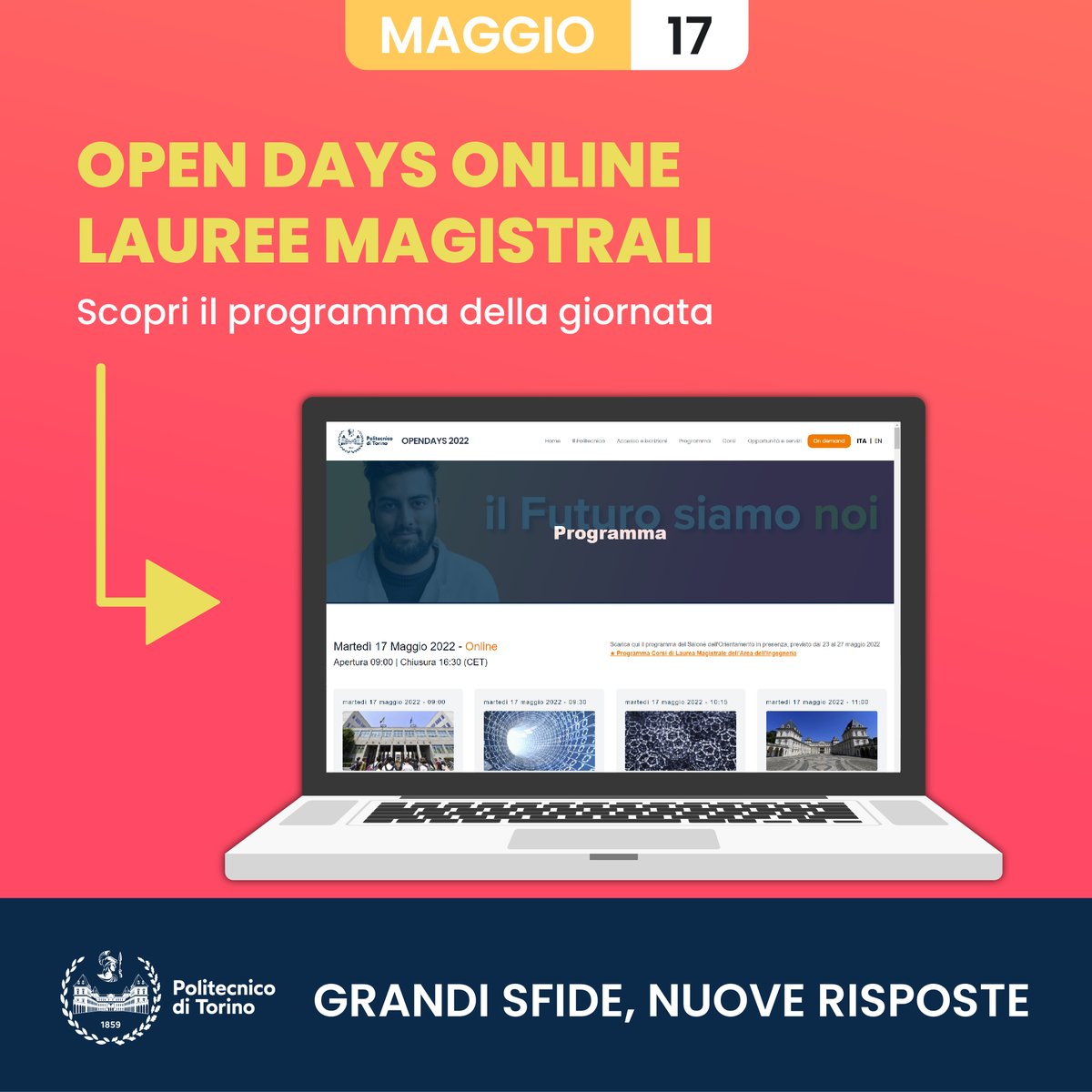 L'attesa è finita: iniziano gli #OpenDaysPoliTo online dedicati ai Corsi di Laurea Magistrale!

📌 Scopri il programma della prima giornata: opendays2022.polito.it/it/programma

#OpenDays2022 #GrandiSfide #StayTuned