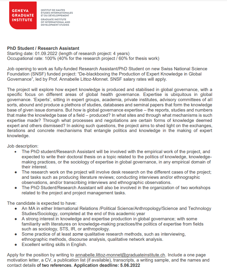 GVAGrad_GGC's tweet photo. 📢We are hiring! We are looking for Ph.D. Student/Research Assistant to work on @AnnabelleLittoz's new project "De-blackboxing the Production of Expert Knowledge in Global Governance." Deadline 5 June. More info here: 
https://t.co/HwPhgQmuRv https://t.co/iIexJ56rmF