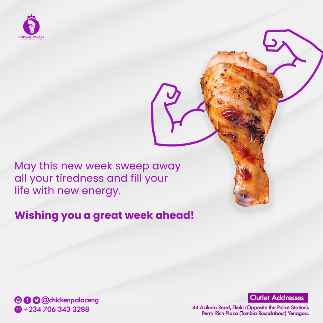 ChickenPalaceNG's tweet photo. May this new week sweep away all your tiredness and fill your life with new energy. Wishing you a great week ahead!

Order your protein needs for the week from us on https://t.co/VgLzV72Qpx lets deliver to your home

#chicken #food #bayelsa #chicken #yenagoa https://t.co/DE8isTtDFW
