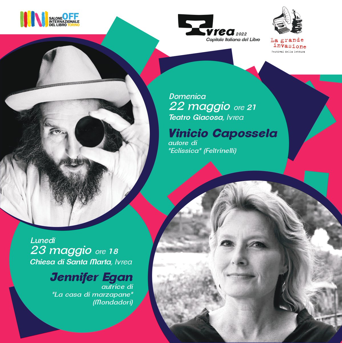 Due appuntamenti del #SaloneOff a #Ivrea2022: domenica 22 maggio ore 21 @vcapossela e lunedì 23 maggio ore 18 <a href="/JenniferEgan/">Jen Egan</a> a cura di Ivrea #Capitaleitalianadellibro2022 e <a href="/grandeinvasione/">La grande invasione</a> .
Ingresso libero fino a esaurimento posti. Vi aspettiamo!
<a href="/SalonedelLibro/">Salone Libro Torino</a> #CIDL #CIDL2022