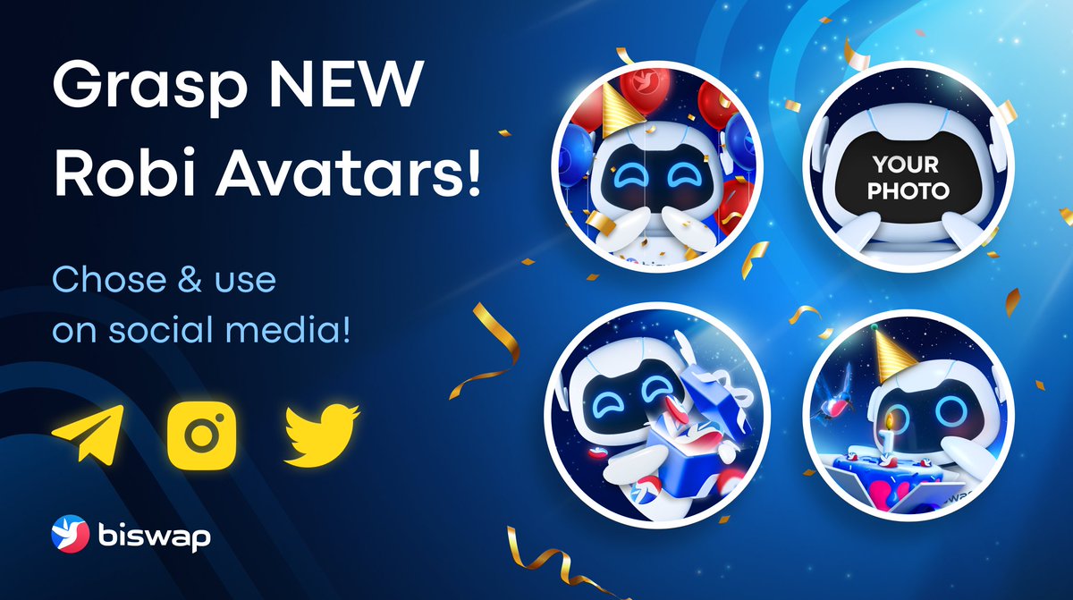 🥳Meet New Robi Avatars!🥳 

Robi avatars &amp; frame for Users:

🎈Robi with balloons &amp; fireworks
🎂Robi with a cake
🎁Robi opens a present
🖼Joyous Robi frame

Choose the Birthday Robi:
👉 bit.ly/3NdYlTu 👈

Join <a href="/Biswap_Dex/">Biswap</a> Anniversary festivities! 
#DeFi #DEX