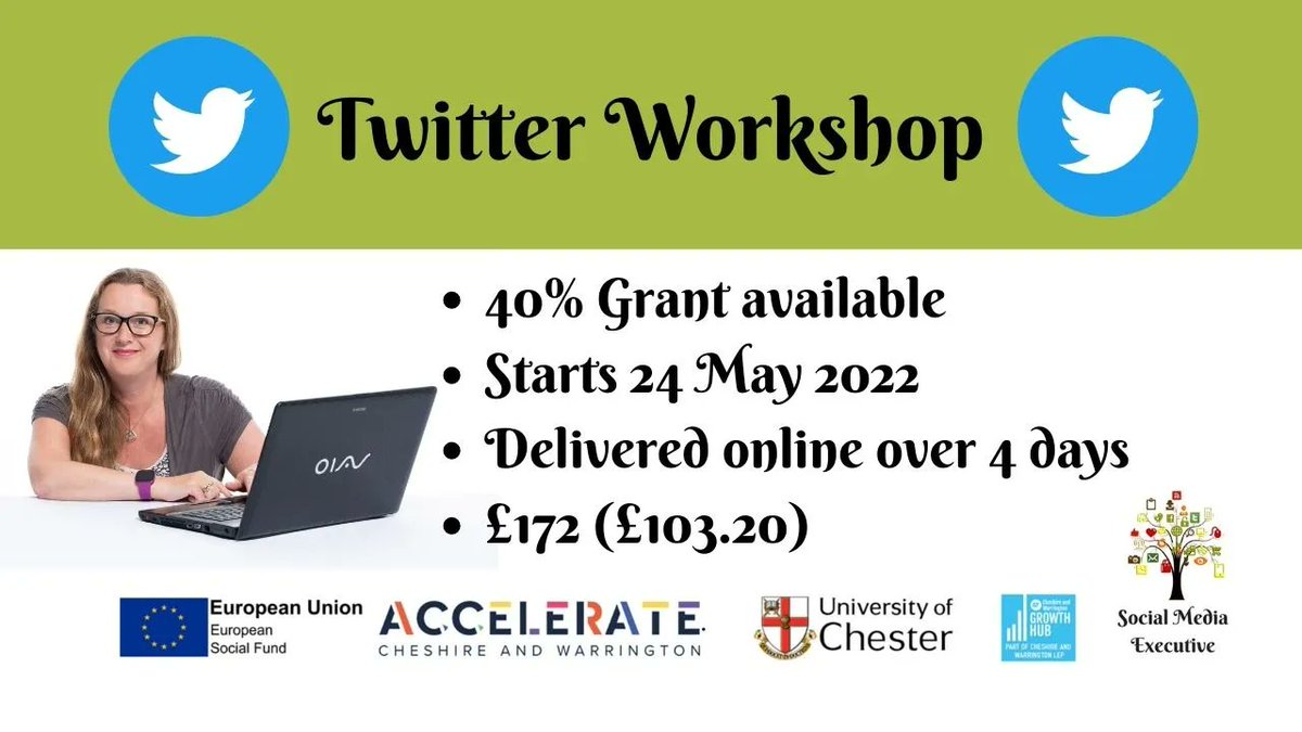 BecsBate's tweet photo. The final workshop to be delivered through the grant-funded Accelerate programme is Twitter.
This is your last chance to get 40% off.
Message me for grant forms or book directly here without the grant.
https://t.co/w741DHLnGc
#TwitterTraining #TwitterWorkshop #CheshireBusiness https://t.co/HlXycXeW1M