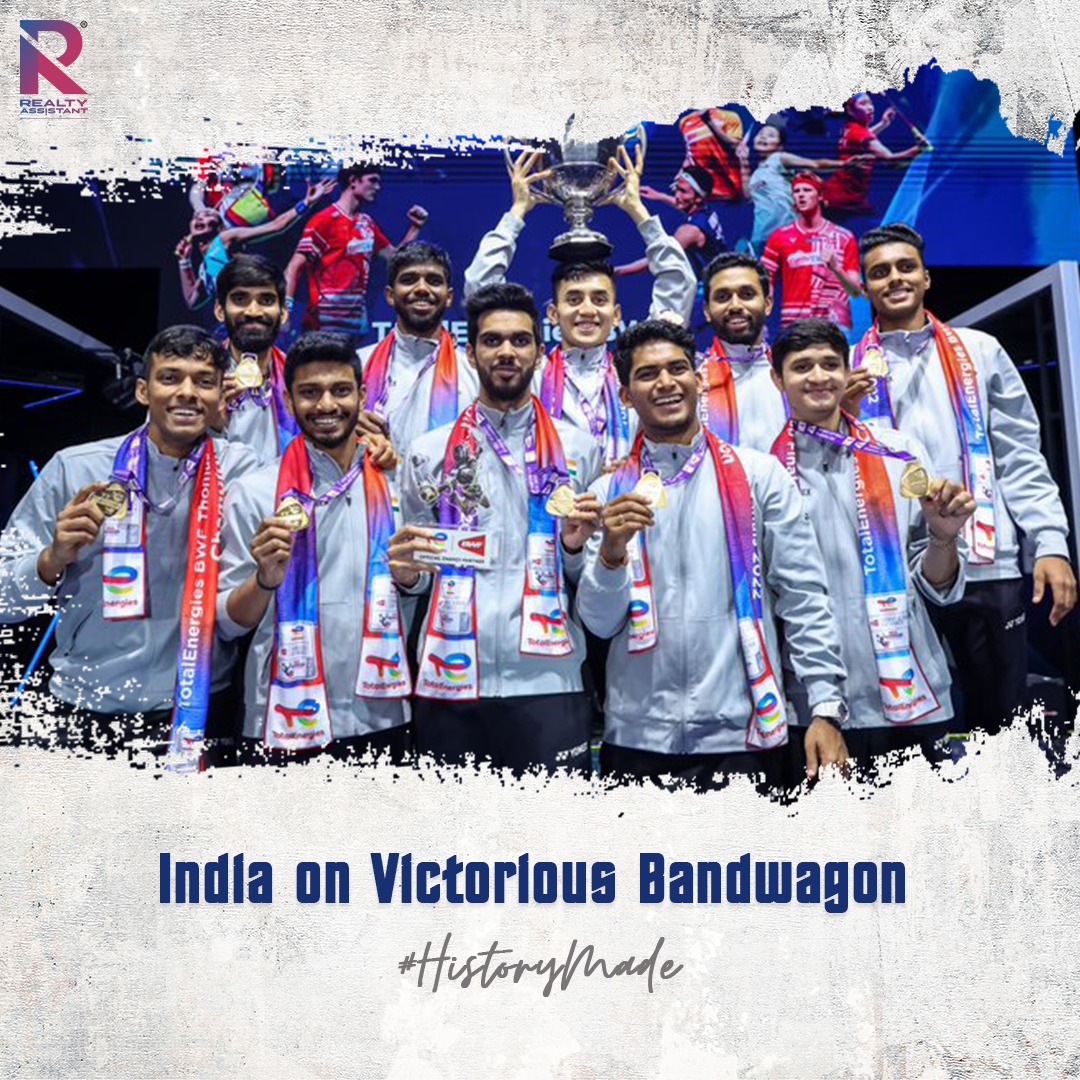 RealtyAssistan's tweet photo. India's maiden victory in Thomas cup has once again proven that We as a nation indeed have great potential to set benchmarks &amp; make history.
#IndiaMadeHistory #ThomasCup #RealtyAssistant #RealEstate #Badminton #IndiaWins #History #BadmintonPlayers https://t.co/F2uBQe3BCc
